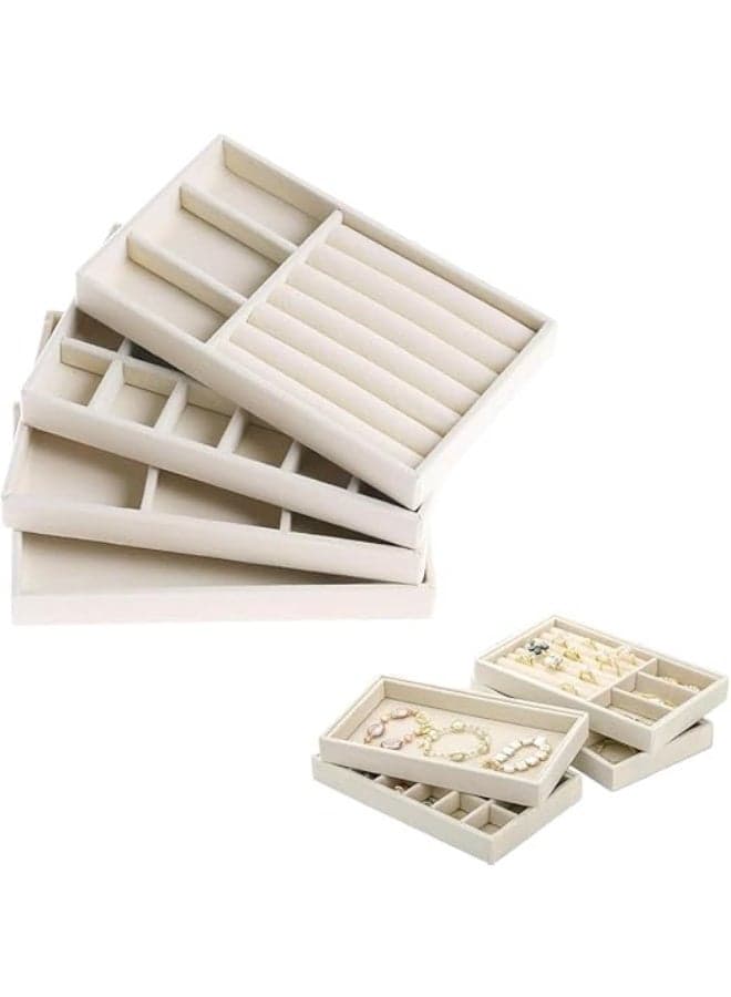 4 Pcs Velvet Jewelry Tray Set,Stackable Jewelry Organizer Trays, Removable Tray, Jewelry Display Organizer for Earrings, Rings, Necklace (Beige)