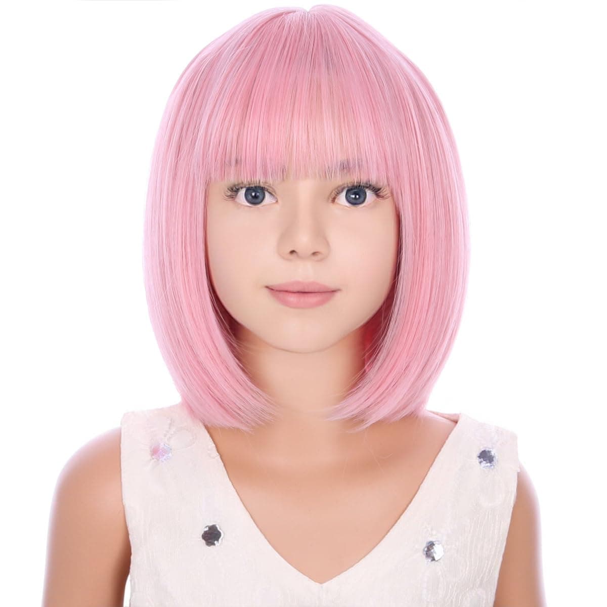 Light Pink Bob Wig for Girls Short Bob Wig with Bangs Synthetic Heat Resistant Wig with Wig Cap