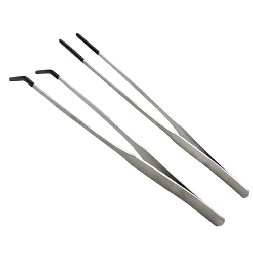 HRASY Stainless Steel Straight and Curved Tweezers Aquarium Tweezers with Rubber Tips Long Handle Reptile Feeding Tongs for Fish Tank Aquatic Plants, 2pcs, 10.6 Inch, Silver