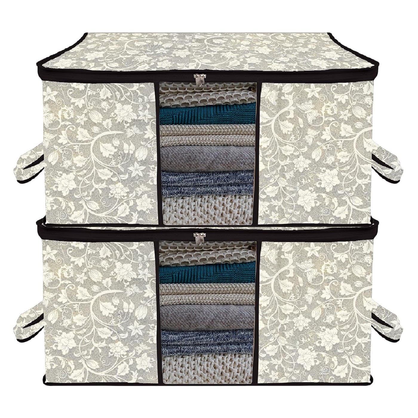 Kuber Industries Underbed Storage Bag FlowerDesign Blanket Cover with Clear Window Zipper Closure Handle Cloth Organizer Large Pack of 2 Black