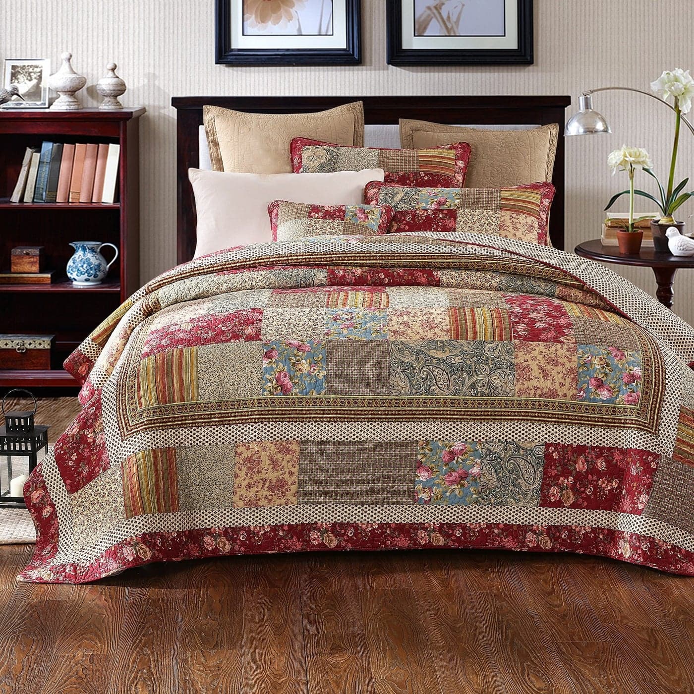 Tache Cotton Patchwork Country Farm Cottage Vintage Antique Ditsy Floral Paisley Burgundy Beige Lightweight Coverlet Fairy Tale Tea Party Quilt Set Queen