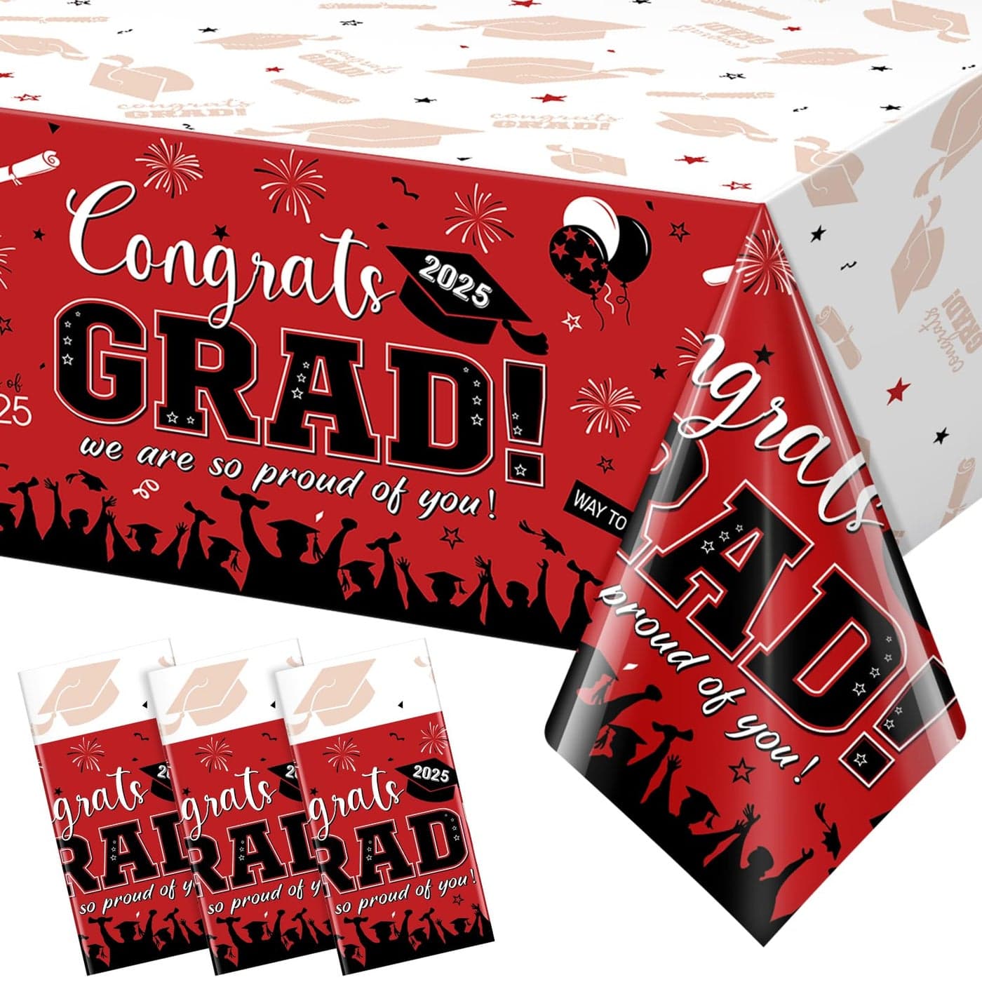 3 Pack Graduation Tablecloth Party Decorations Class of 2025 Congrats Grad Plastic Tablecover Party Supplies Red Rectangle Graduation Table Decorations for College High School Party 54 x 108 Inch