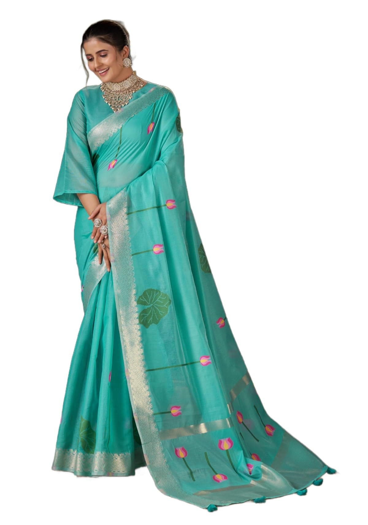 SWORNOF Women's Cotton silk saree for Patola festival Wedding silk with blouse piece (FIROZY1)