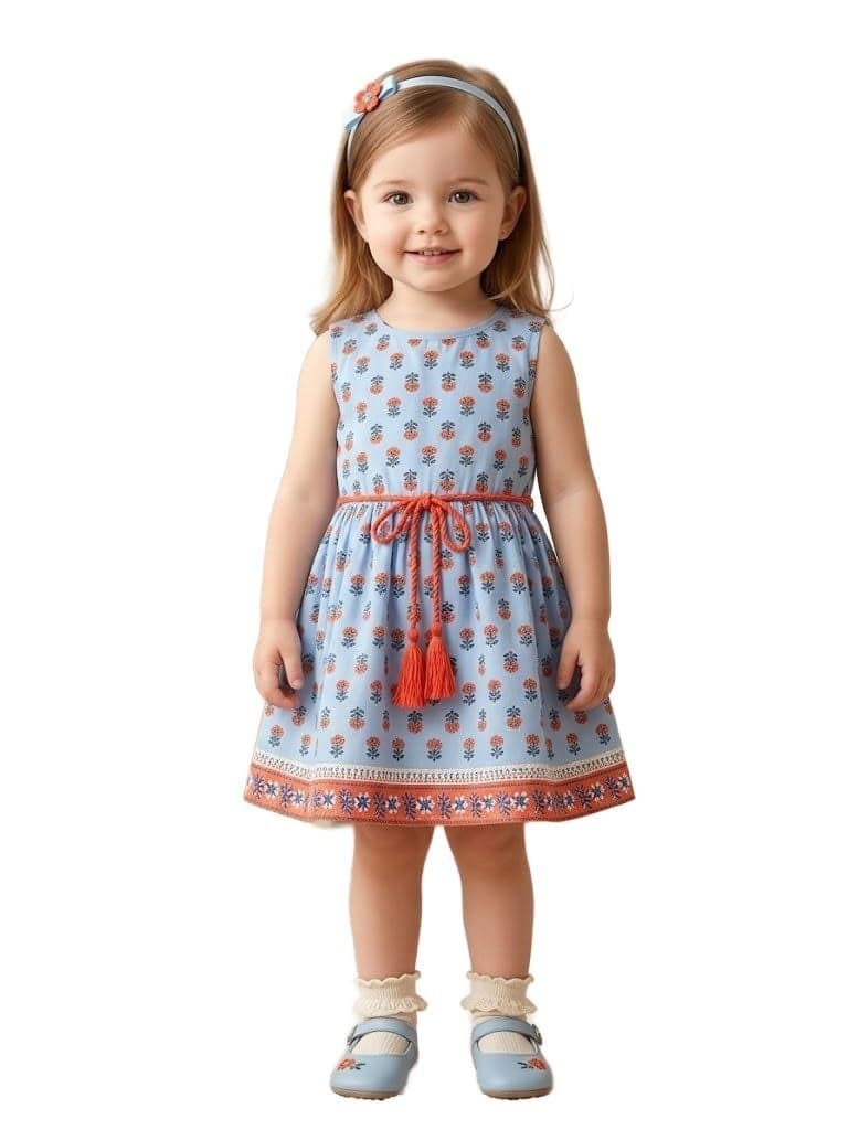 A.T.U.N. (ALL THINGS UBER NICE) Girls Blue Printed Samantha Dress | Sleeveless Cotton Knee Length Dress