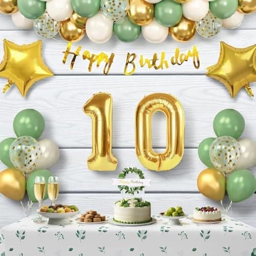 Toys Treasure 10th Birthday Decorations Set - 43 Pcs Green Gold Balloons with Number 10 Foil Balloon & Banner for Kids Party