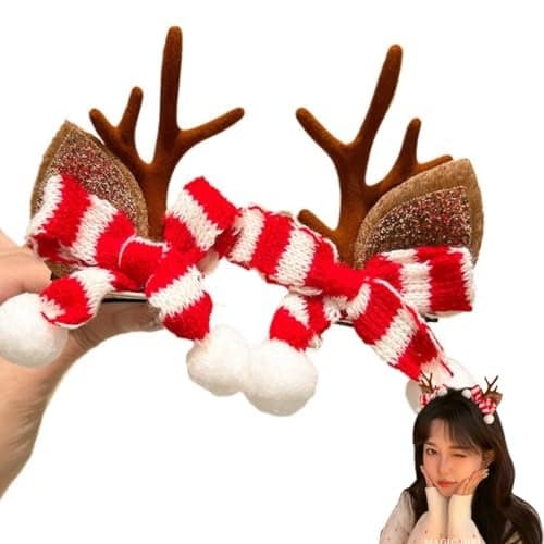TLISMI Christmas Reindeer Antler Hair Clip for Girls & Women – Cute Holiday Hair Accessory with Soft Glitter Ears, Festive Red & White Knit Bow, and Pom-Pom Balls for Holiday Parties, School Events