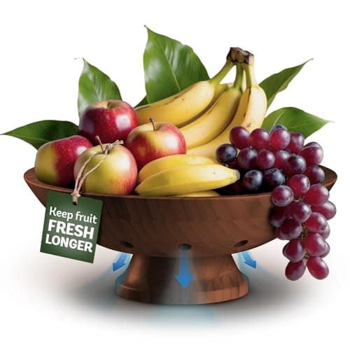 Bambüsi Fruit Bowl - 11" Large Brown Wooden Pedestal Bowl for Kitchen Counter & Dining Table Centerpiece, Premium Bamboo Wood Fruit Basket & Banana Holder for Fresh Produce, Bread & Home Decor