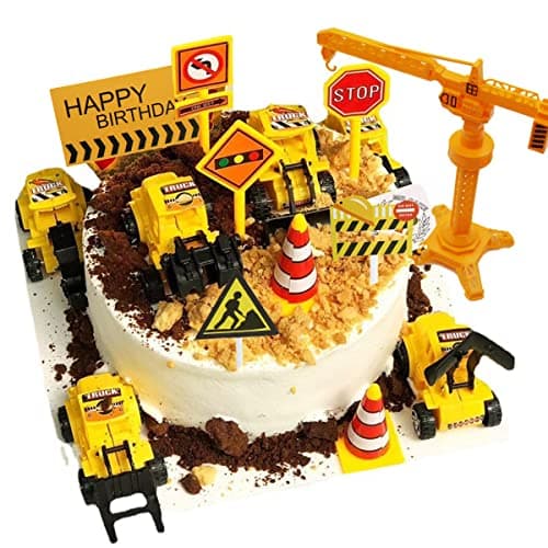 Nevperish 18 PCS Construction Cake Toppers Vehicles Cake Decoration Set Excavator Tower Crane Cupcake Topper Traffic and Road Sign Decor Happy Birthday Party Supplies Favors