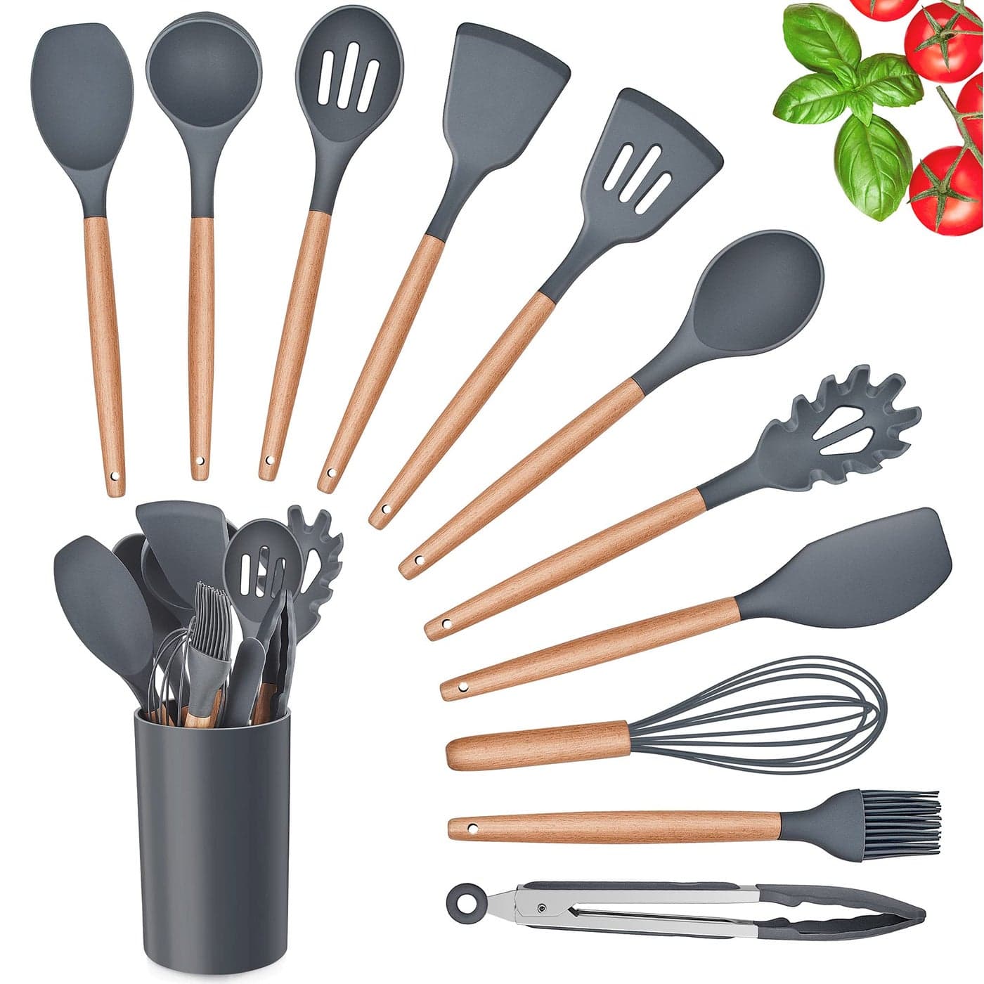 Kitchen Utensils Set Herogo 12 Piece Silicone Utensil with Holder Heat Resistant Cooking Utensils with Wooden Handle for Non Stick Cookware Pans Silicone Kitchen Gadgets Tool Set Grey