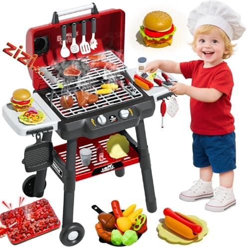 Kids Grill Playset BBQ Toy Grill with Smoke Sound Light and Wheel Movable Pretend Play Kitchen Toys Grills for Toddlers 35 2Layer Barbecue Play Food Christmas Birthday Gifts for Grandkids