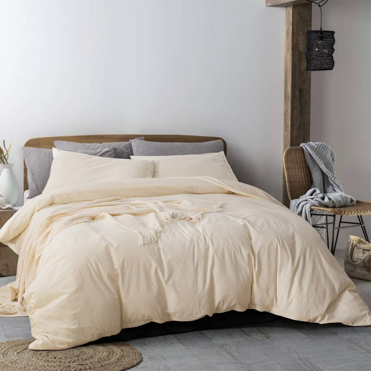 ECOCOTT Cream Duvet Cover Queen, 100% Washed Cotton 3 Piece Duvet Cover Sets 1 Duvet Cover with Zipper and 2 Pillowcases Bedding Set (Cream,Queen)