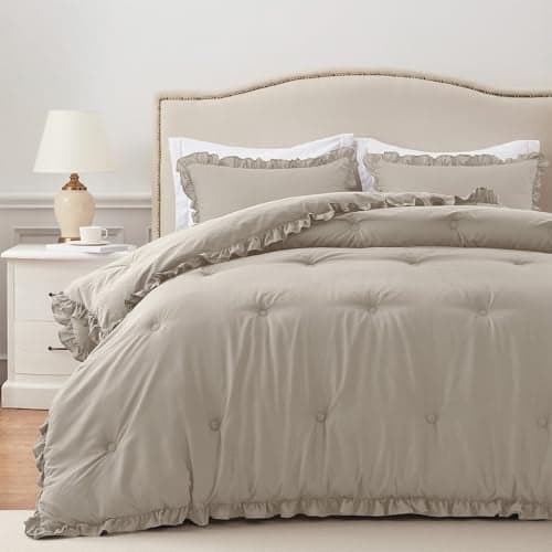 HARBOREST King Comforter Set Linen - Ruffle Comforter for King Size Bed, Fluffy King Size Comforter Set for All Seasons, 3 Pieces (1 Comforter & 2 Pillow Shams)