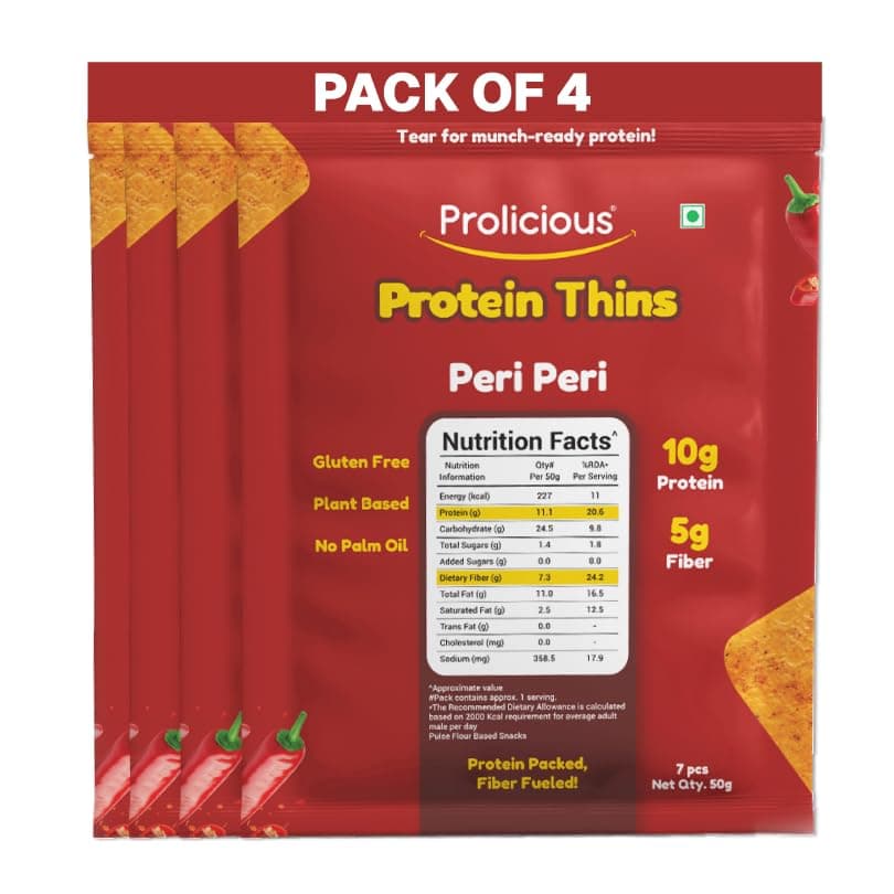 Prolicious Thins Peri Peri High Protein Chips | Upgrade Your Snacking | 10g Protein + 5g Fibre | Same Crunch, Snack Smarter | Plant Based, Gluten Free | No Palm Oil | 50g, Pack of 4