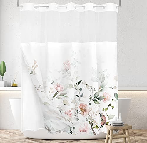 Tititex No Hooks Snap in Liner Aesthetic Blooming White Flowers Pink Bird Shower Curtain Sets Hotel Luxury Double Layers Waterproof Fabric SeeThrough Top Window Bathroom Decorative 72x72 Inch