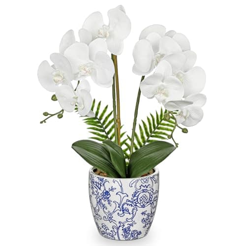 Briful Orchid Fake Flowers 18.8in White Orchid Silk Flower with Blue and White Pot Faux Orchid Arrangement for Home Office Room Shelf Table Centerpiece Decoration
