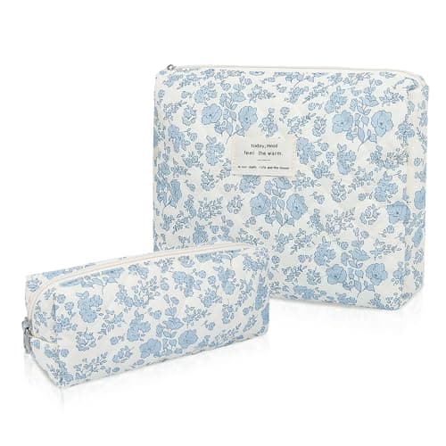 Gosect 2PC Makeup Bag Set Cute Cosmetic Bag for Women Girls Floral Coquette Aesthetic Toiletry Bag Travel Make Up Organizer Bag Blue Floral