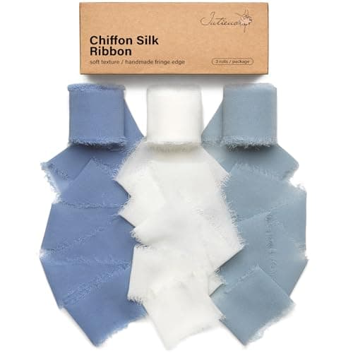 Dusty Blue Chiffon Ribbon 15 x 3 Rolls Total 21 Yards BlueOff White Handmade Fringe Chiffon Silk Ribbon for Gift Wrapping Wedding Invitations Bridal Bouquets Crafts Home Decor