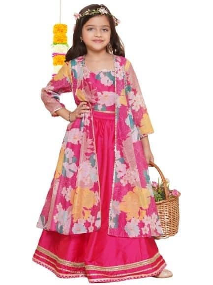 Bitiya by Bhama Girls Pink Floral Print Top & Shrug With Ready to wear Skirts