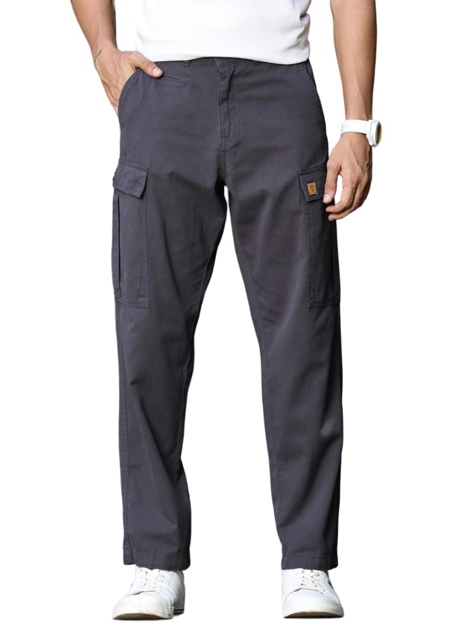 Thomas Scott Men's | Straight Fit | Mid-Rise | 100% Cotton | Solid | Button Closure | 7 Pockets | Woven | Cargo | Trouser (TSB030_Grey_34)