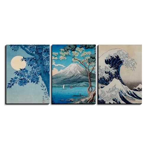 Chalk My Theme Nature Landscape Blue Wood Print Wall Art Set of 3 Home Decor Living Room Bedroom Cafe Room Painting For Wall Decoration 15 x 20 Inches 6mm Thick Pinewood