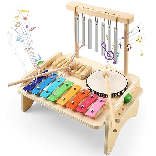 Kids Drum SetBaby Musical Instrument for ToddlerWooden Xylophone for Toddlers with Baby Drum Set and Wind ChimeMontessori Musical Instruments Toys for KidsMusical Toys for Toddlers Birthday Gift