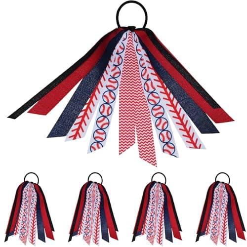 YKW 5 Pack Baseball Hair Ties Ribbon Ponytail Holder for Girls Sports Team Accessories with Diamond Pattern Scrunchies Streamers Hair Bows Gift Set for Players Fans Mom Baseball