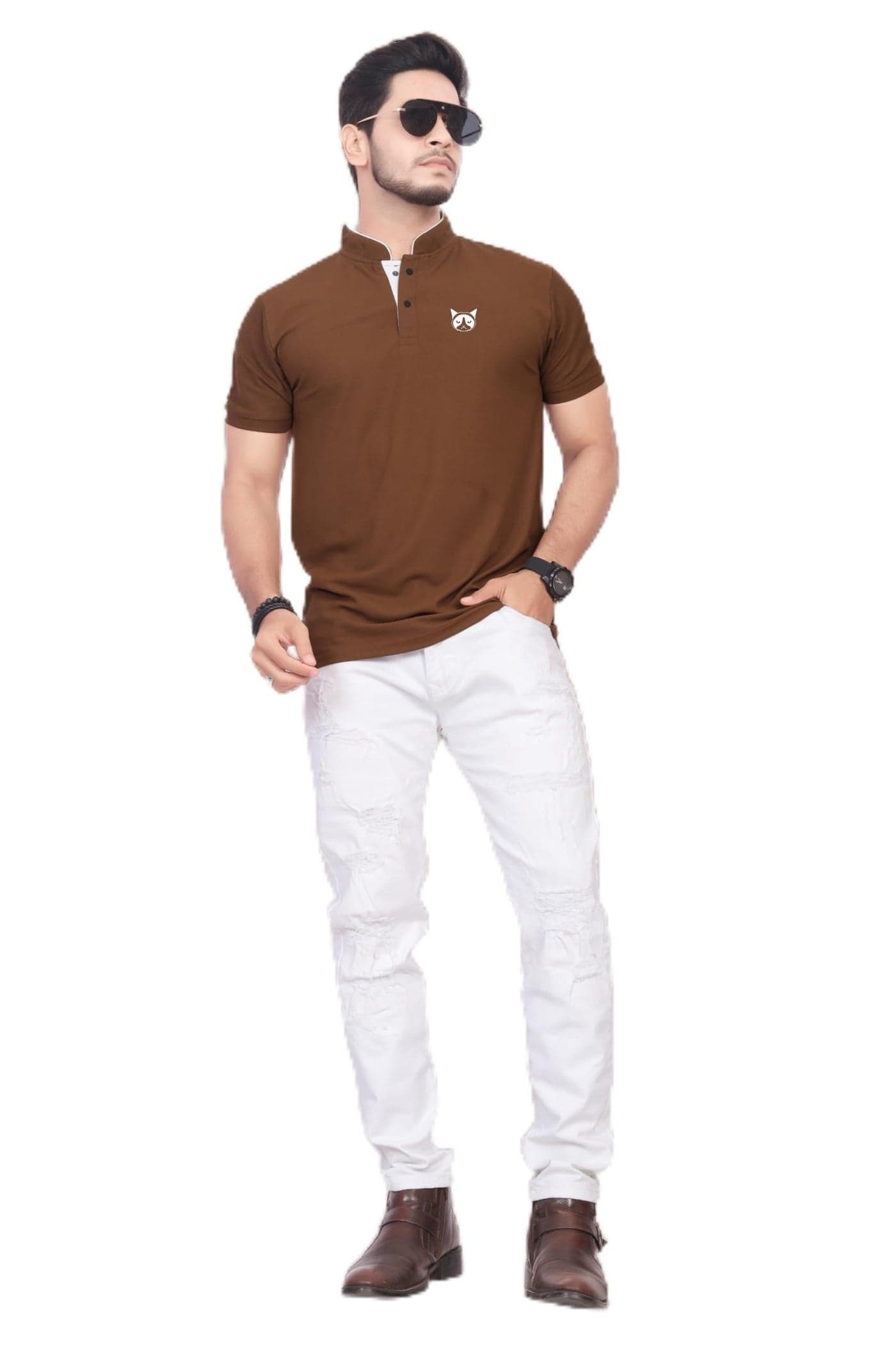 BAGHADBILLO Men's and Boy's Polyster T-Shirt with Mandarin Collared Neck Half Sleeves Closuer Button and Regular Fit | Polo t Shirt for man | Brown-L