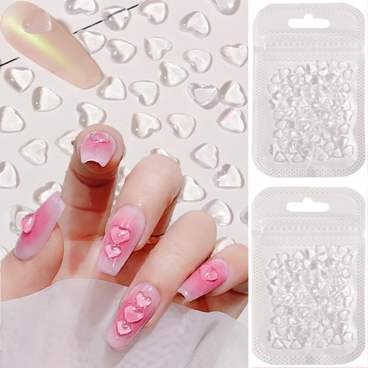 200 Pcs Clear Heart Nail Charms 3D Love Hearts Nail Rhinestones Flat Jelly Resin Crystal Nail Jewelry Mixed Size Hearts Nail Supplies Women DIY Manicure Decoration Accessories