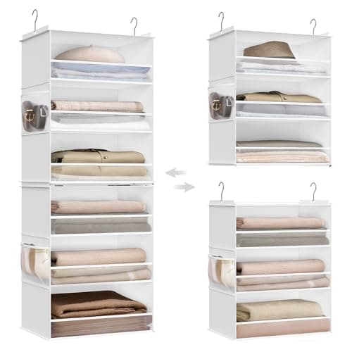 SONGMICS Hanging Closet Organizer 6Tier Fabric Storage Shelf Separable Closet Hanging Shelf with Side Pockets Foldable Metal Hooks and Bamboo Inserts Cloud White URCH007W01