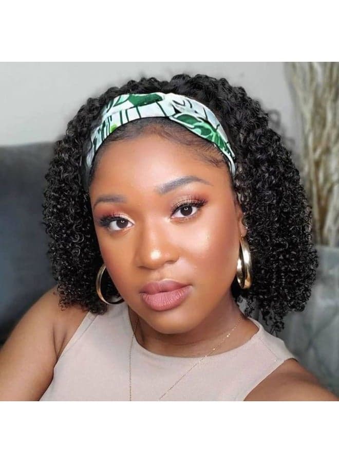 Brazilian Curly Headband Wig - 12 Inch Human Hair, Glueless, No Lace Front, Natural Color