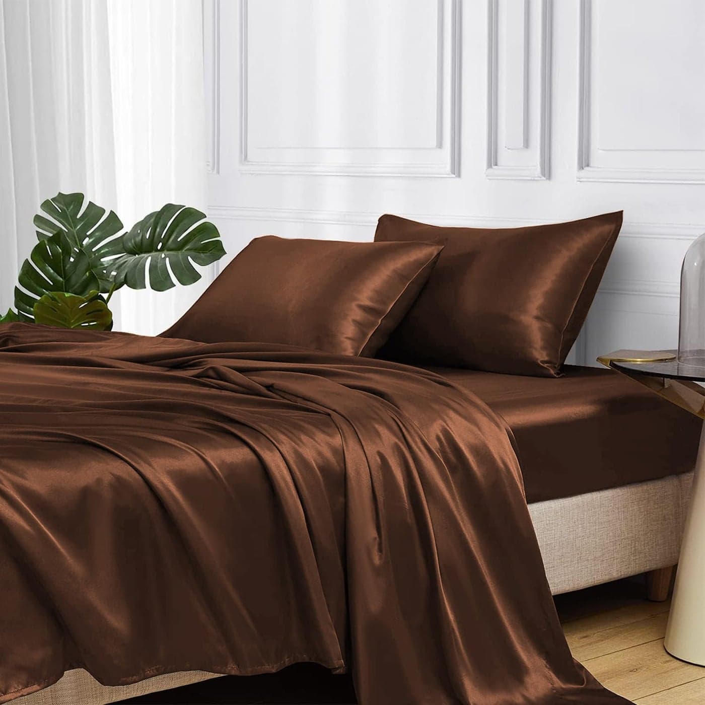 MRHM Satin Bed Sheets Queen Size Sheets Set 4 Pcs Silky Bedding Set with 15 Inches Deep Pocket for Mattress Queen Brown