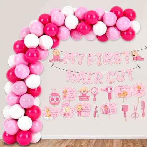 Party Propz Pink Theme First Haircut/Mundan Ceremony Decoration for Baby Girl- 67Pc Mundan Decoration Balloons, My First Hair Cut Decoration for Kids, My First Hair Cut Banner, Photo Props(Cardstock)