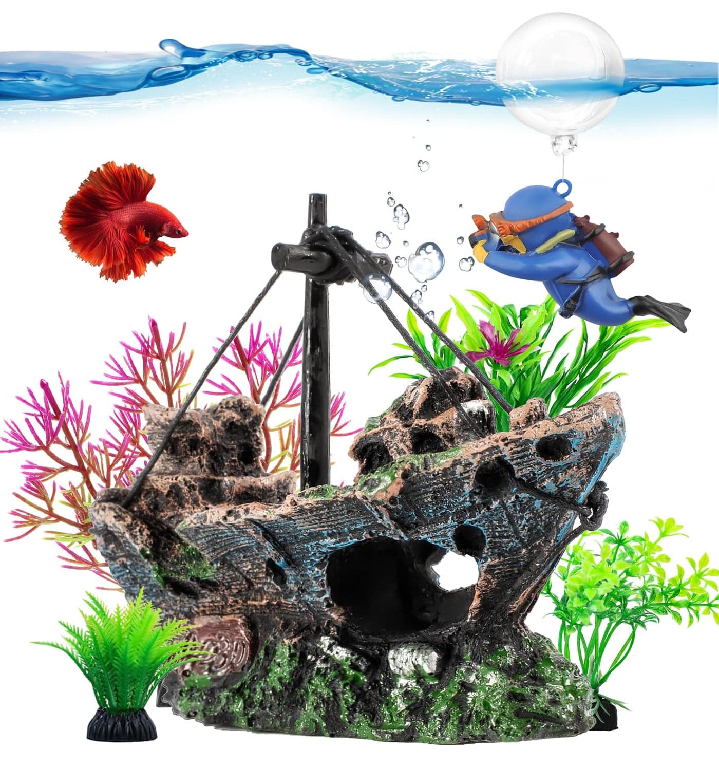 6 Pcs Aquarium Decor Set Shipwreck Decoration Little Diver Floating Fish Tank Decoration Fish Tank Plants