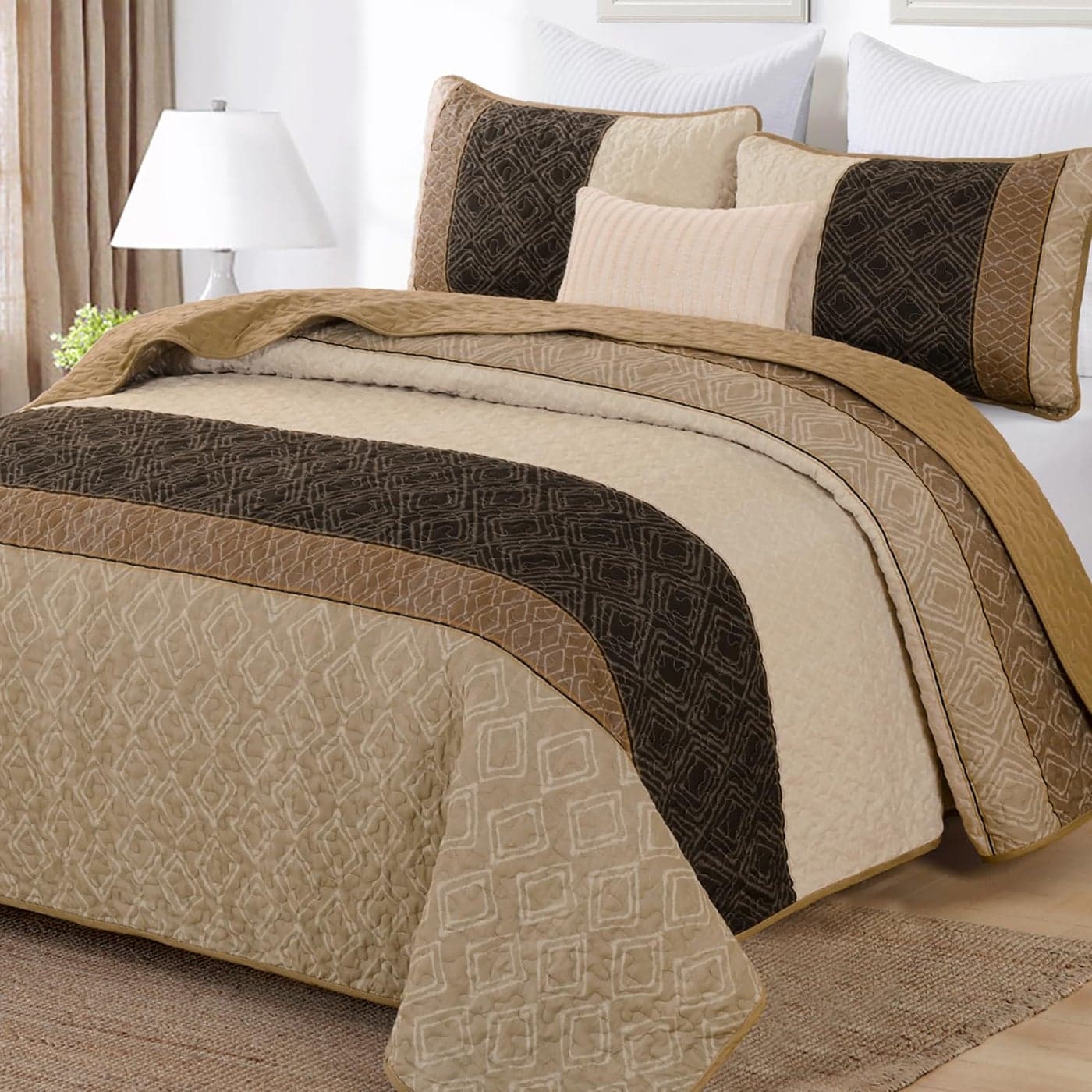 Boho Queen Quilt SetStriped Plaid Bedspread Coverlet SetLight Brown Bedding Set Soft Microfiber Bedding Set with 2 Pillow Shams 96x90