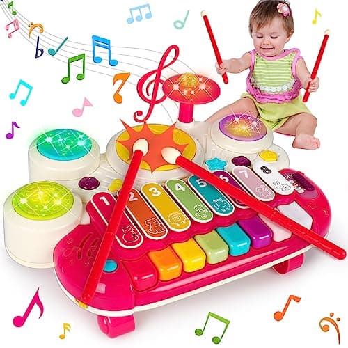 AugToy 3 in 1 Musical Toys for Toddlers 13 Piano Xylophone Drum Set Toys for 1 2 3 Year Old Girls Birthday Music Instruments Baby Learning Developmental Sensory Toys Toddler Toys Age 12 23