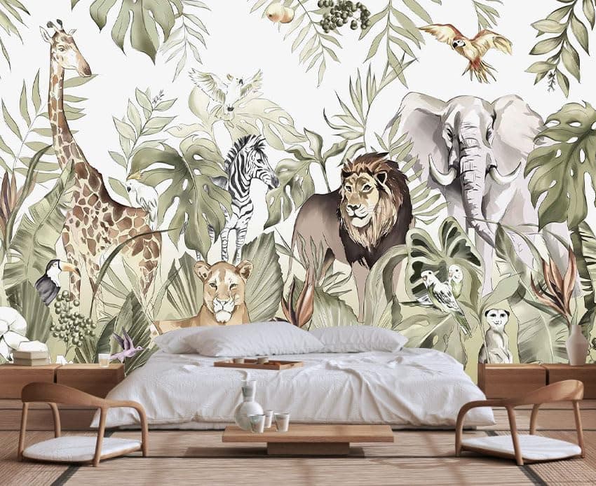 Wmjurel HandPainted Beautiful Wall Mural Pattern of Tropical Plants and Various Animals Large Art Wall Background WallpaperNonselfAdhesive