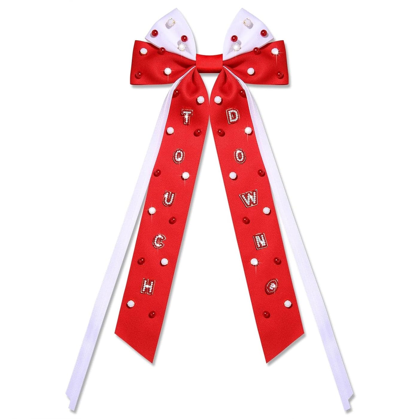 Boderier Football Accessories Hair Bows for Women Beaded Touch Down Hair Bow Clip Long Tail Satin Ribbon Bow Barrette Hair Clip Sports Fan Game Day Outfits Accessories for Women Red White