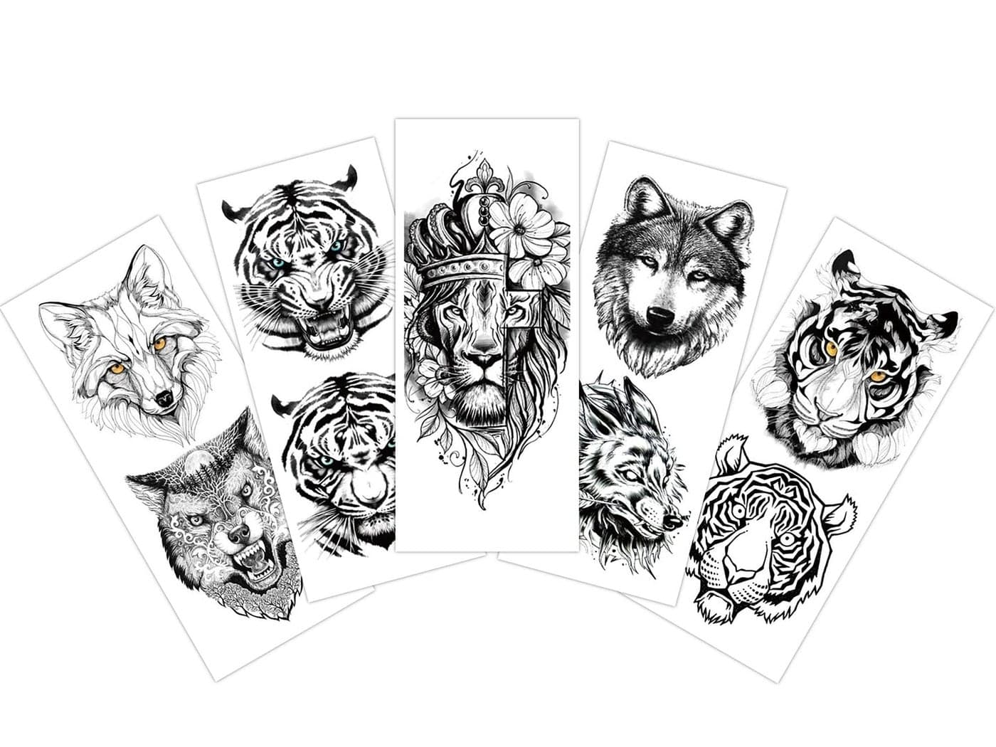 S.A.V.I 5pcs. Temporary Tattoo Stickers Combo Of Lion, Wolf, Tiger Wild Animals Mix Designs For Men Boys Size 10.5x6cm Black