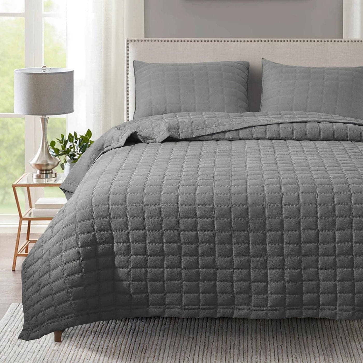 KASENTEX QuiltBeddingCoverletBlanketSet Machine Washable Ultra Soft Lightweight StoneWashed Detailed Stitching Solid Color Dark Grey Oversized Queen 2 Shams