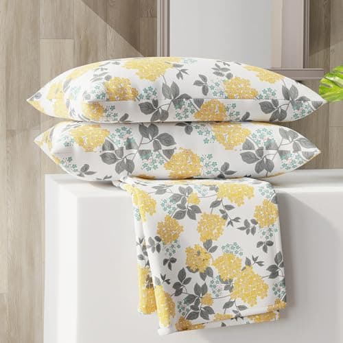 Zen Cotton Blend Double Bedsheet Set (Oeko Tex Certified) | 1 Double Cotton Bedsheet & 2 Pillow Covers | Breathable & Anti-Wrinkle | 225 CVC | (Floral Print, Yellow & Grey)