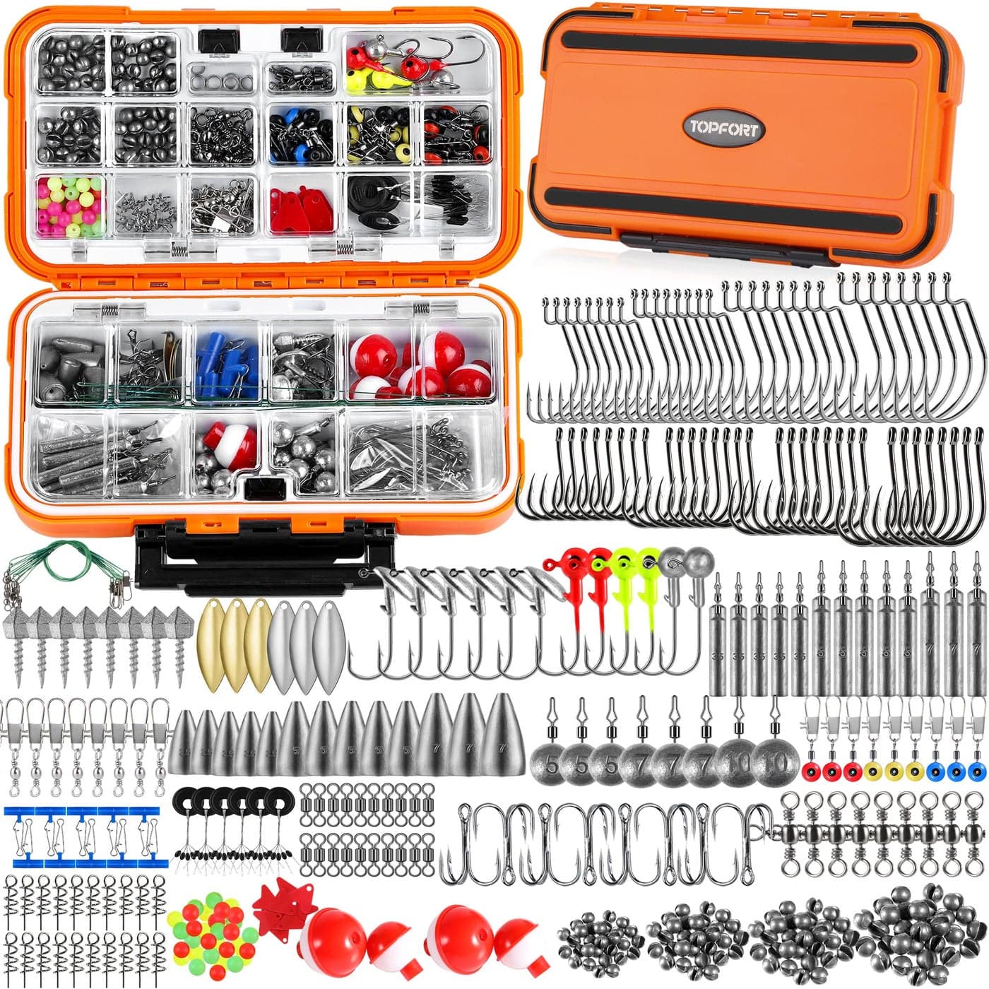 TOPFORT 187/343pcs Fishing Accessories Kit, Fishing Tackle Box with Tackle Included, Jig Hooks, Bullet Bass Casting Sinker Weights, Fishing Swivels Snaps, Sinker Slides, Fishing Gear and Equipment