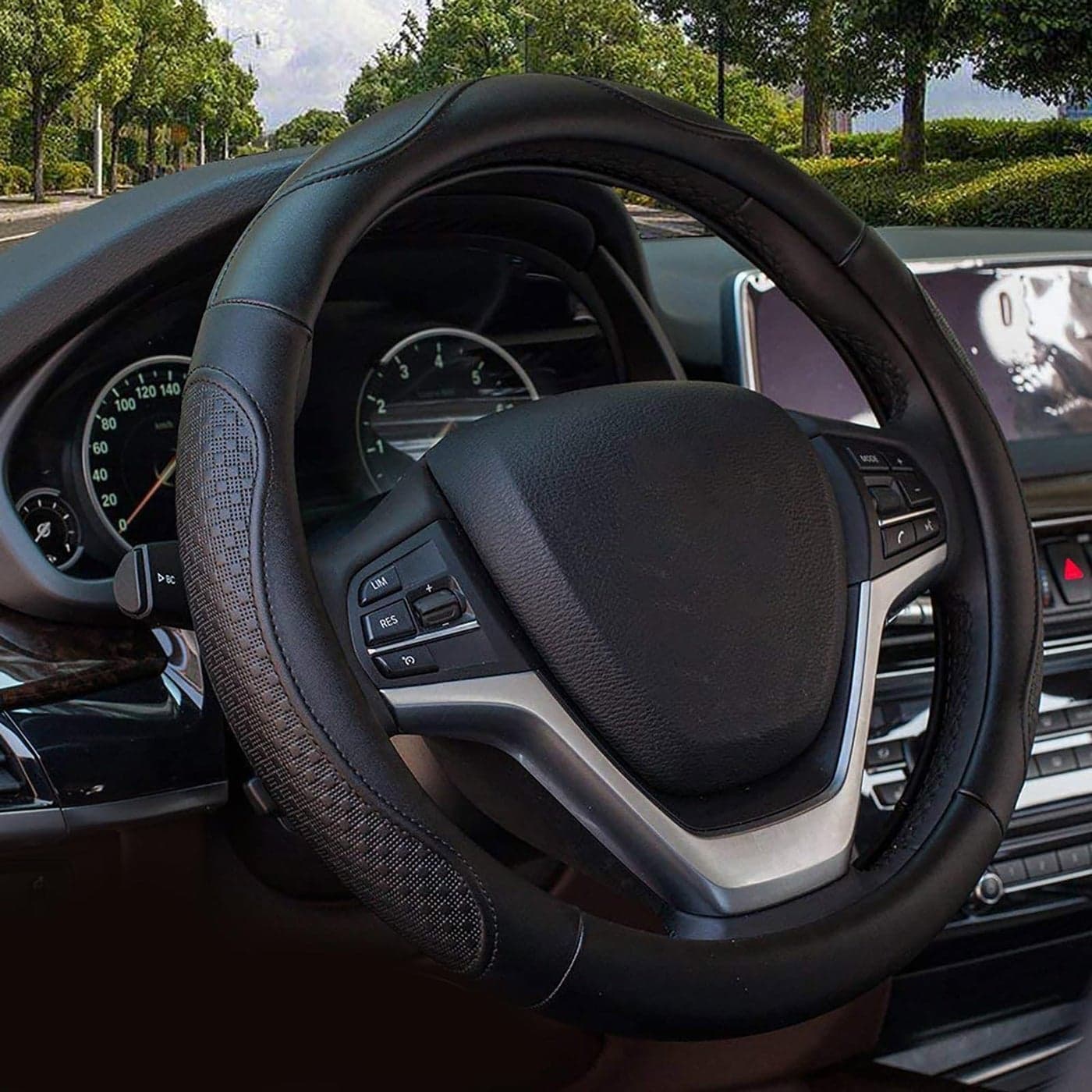 Valleycomfy Leather Steering Wheel Covers Universal 15 inch Breathable Anti Slip Odor Free Black with Black LinesM14 1215 14