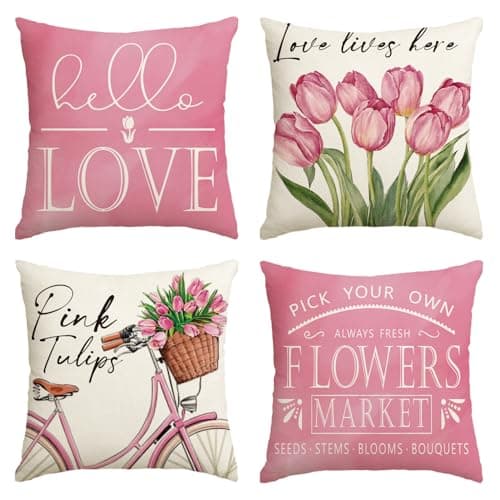 AVOIN colorlife Hello Love Pink Tulips Bicycle Throw Pillow Covers, 20 x 20 Inch Flowers Spring Mother's Day Cushion Case for Sofa Couch Set of 4