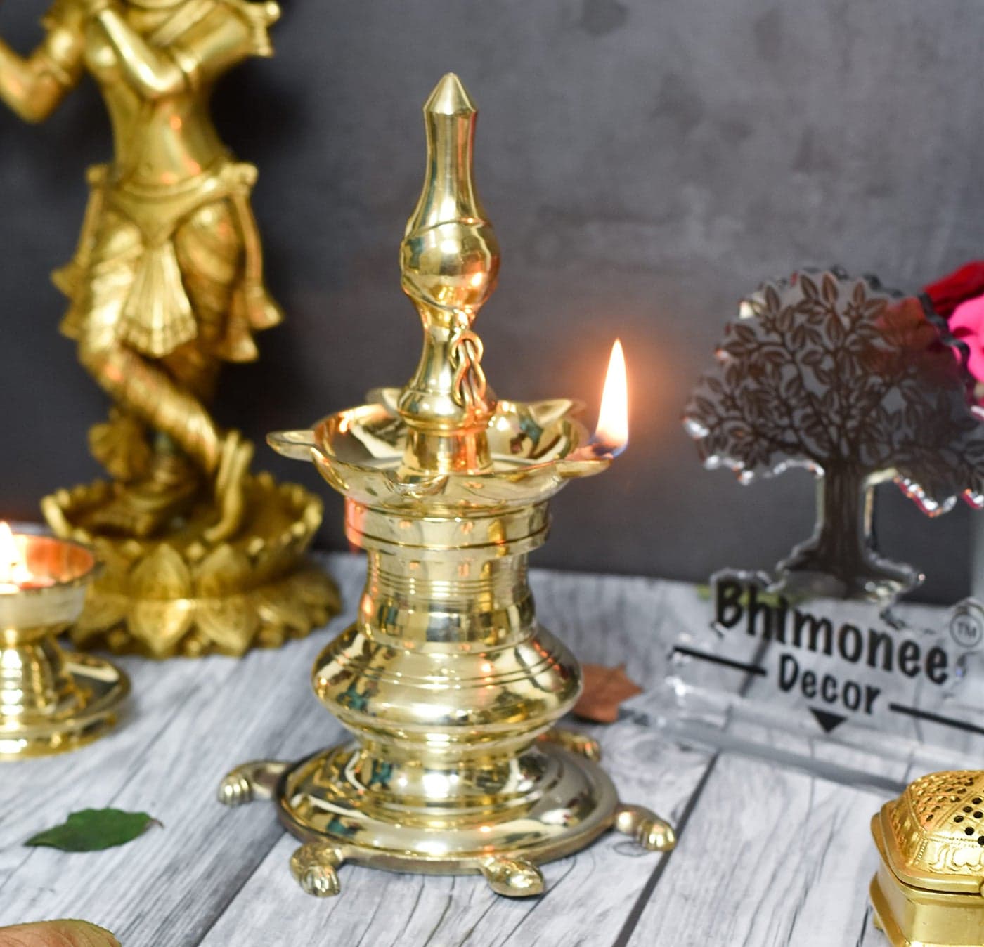 Bhimonee Decor | Pure Brass Vastu Table Diya | Diya on Tortoise Base | 9.5 Inches | Brass | Pack of 1 Piece | Traditional Home Decor