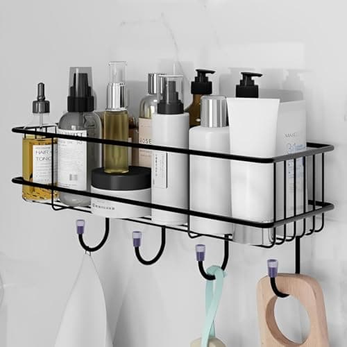 Puno Heavy Duty Wall Mounted Steel Bathroom Shelf with 4 Hooks | Self-Adhesive Storage Organizer Rack | Waterproof & Rust-Resistant Wall Shelf for Kitchen, Bathroom & More (Black)