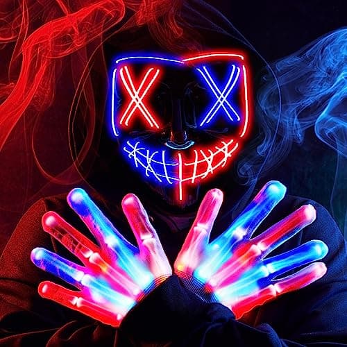 JOYIN Halloween Led Mask Light Up Mask and Gloves for Cosplay Costume Red Blue 3 Modes Scary Glow in The Dark Masks for Boys Girls Halloween Party Dress Up Accessories Gifts Giving