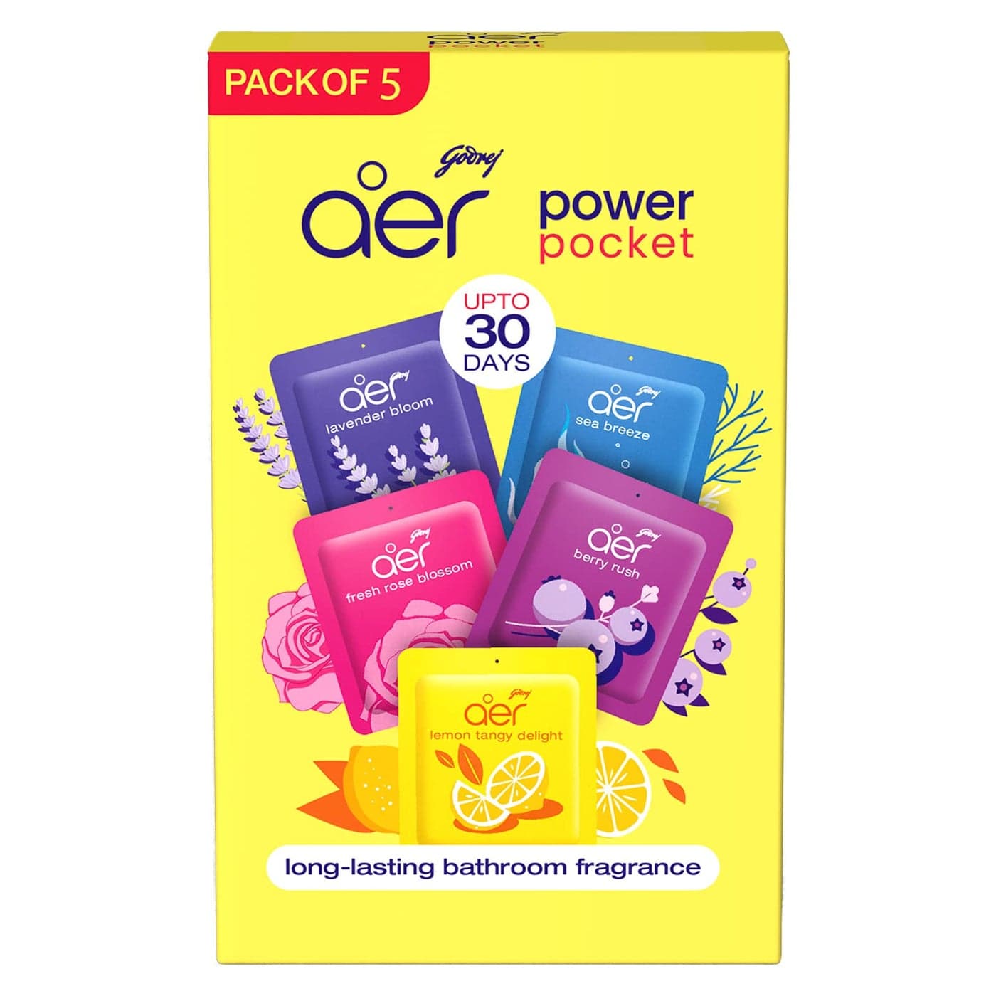 Godrej aer Power Pocket Bathroom Freshener Assorted Pack of 5 50g Lasts up to 30 days Germ Protection