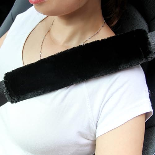 Amooca Soft Faux Fur Universal Fit Seatbelt Cover Car Truck SUV Airplane Seat Belt Shoulder Pad for Carmera Backpack Straps Neck Cushion Protector 2 Pack 105in Black