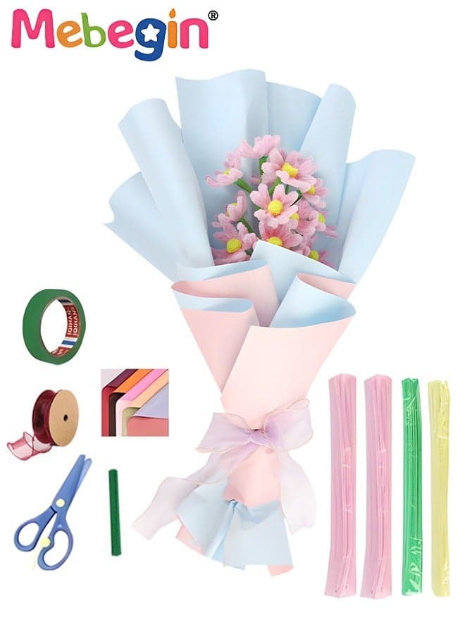 DIY Flower Bouquet Kit with Rich Accessaries, Cherry Blossoms Bouquet Making Kit with 10 Flower Poles in 3 Colors, Chenille Stems Flower Craft Supplies, Fuzzy Sticks Crafting Materials, Arts and Crafts for DIY, Ideal Gift for Friends and Families