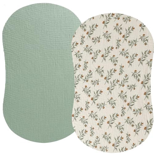Muslin Bassinet Sheet Compatible with Halo Bassinest Swivel Flex Glide Premiere & Luxe Series Sleeper 2 Pack Cotton Stylish Boho Fitted Bassinet Sheets Super Soft for Baby Roman Green & Botanical Leaf